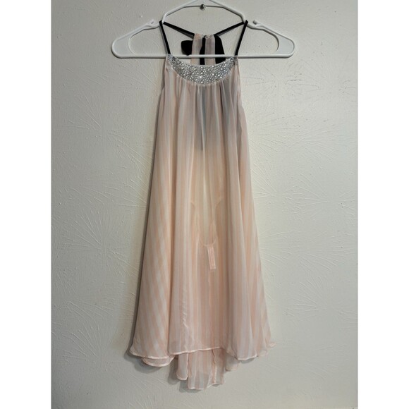 Victoria's Secret Medium Pink Sheer Slip Jeweled Neckline Tie Open Back - Picture 1 of 5